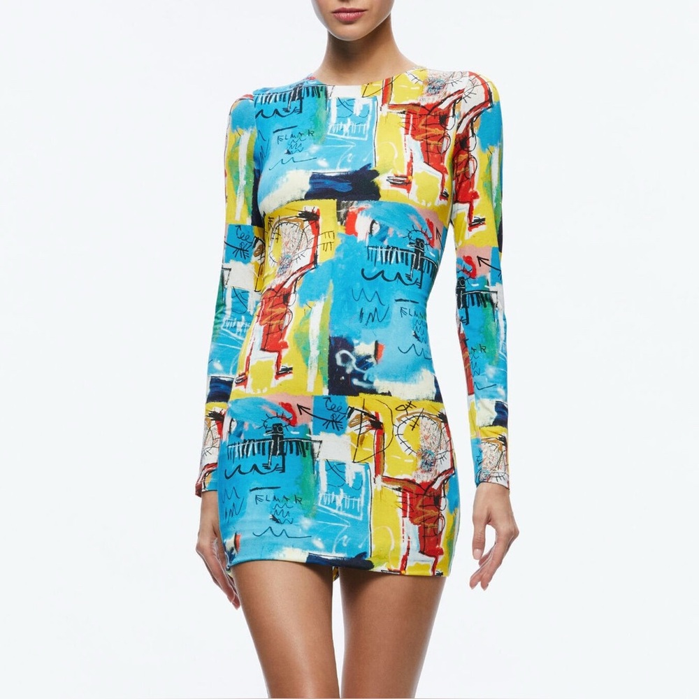 NWT Alice + Olivia Basquiat Delora Graffiti Body Con Mini Dress Blue Jersey 2